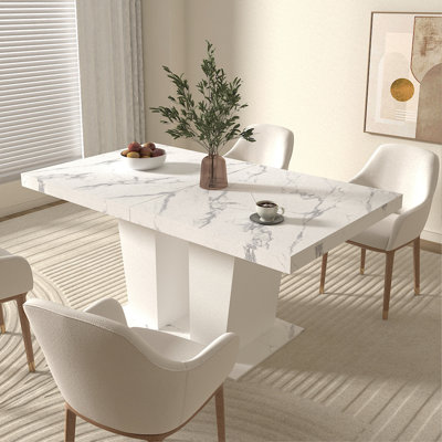 Table de salle à manger extensible pour 6-10 moderne table de cuisine en faux marbre blanc avec base à double colonne, grande table de salle à manger rectangulaire