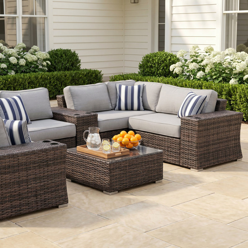Saffi Fully Assembled 10 Piece Sectional Seating Group with Cushions, Brown, Olefin Gray