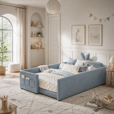 Boucle Upholstered Full Size Platform Bed, Rabbit‑Ear Design Headboard with Safety Rail and Storage Pocket for Kids Bedroom