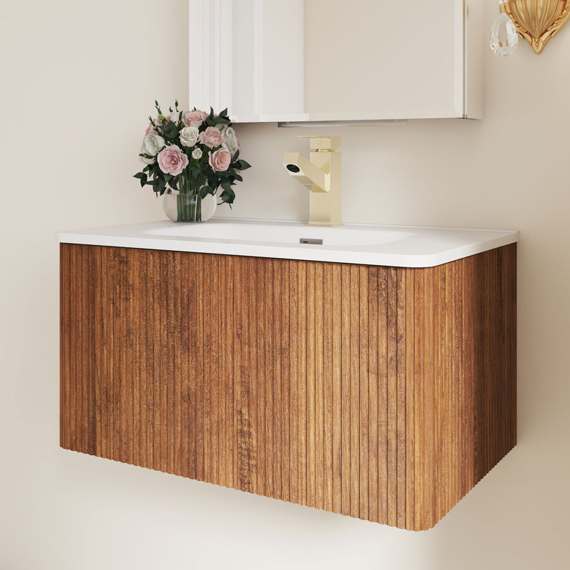 Ensemble de meuble-lavabo mural 30 po avec lavabo en céramique, Noyer