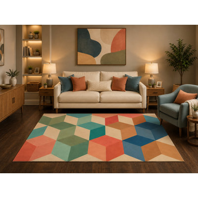 "Ultra Lightweight" 5' x 7' Mid Century Modern Geometric Area Rug Colorful Mosaic Cube Pattern Scandinavian Abstract Design for Living Room Bedroom Playroom Non-Slip Silicone Backing Low Pile