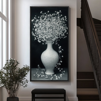 Elegant White Vase With Blooming Baby’s Breath Floral Arrangement - Large Framed Canvas Master Bedroom Wall Art Print