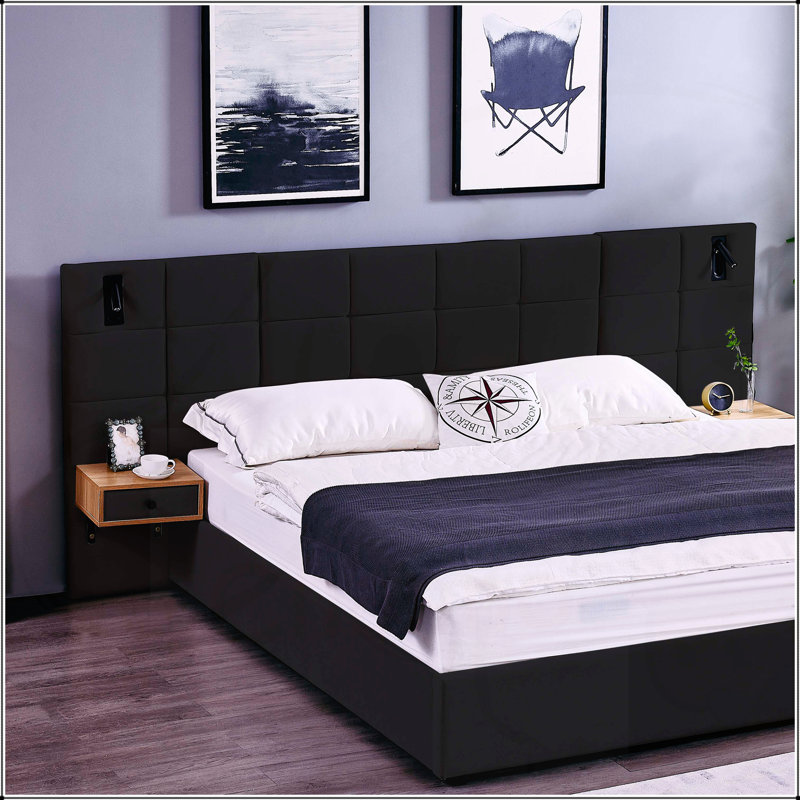 Très grand lit plateforme tapissier hydraulique en velours avec 2 tablettes, 2 lampes de lecture et port USB, noir, Noir