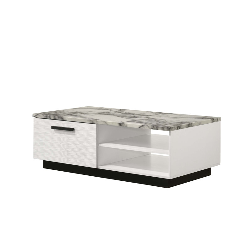 Table basse avec tiroir dissimulé et tablettes ouvertes