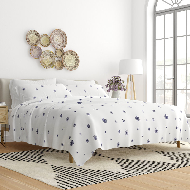 King Size Navy Floral Print Microfiber Sheet Set