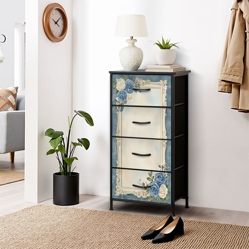 Commode 4 tiroirs pour chambre à coucher, commode étroite, plateau en bois et structure en fer de travail 18 po x 37,5 po - (l x H)