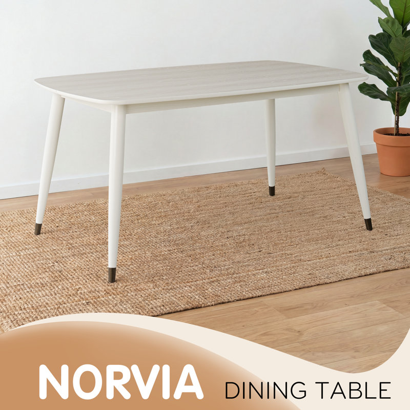 Norvia & Elvara Scandinavian Solid Wood 5-Piece Dining Set, 60'' Rectangular Table with Beveled Edge & Metal-Capped Legs, 4 Windsor Spindle Back Chairs, Classic White Oak