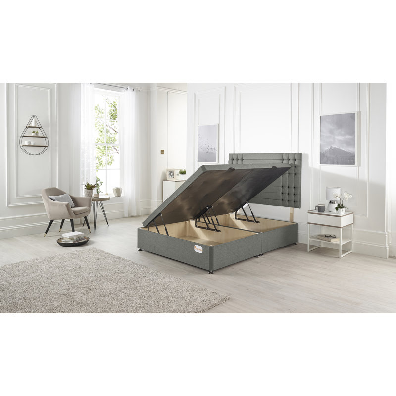 Luxara Solid Wood Ottoman Bed Side Opening with Upholstered Headboard Linen Fabric, Silver, Small Double (4')