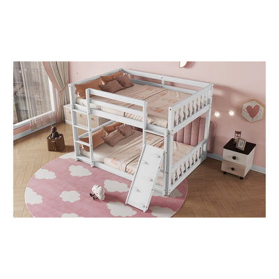 Twin Over Twin Floor Bunk Bed, Playhouse Floor Bunk Bed With Climbing Ramp, Ladder, Safety Guardrails,Natural