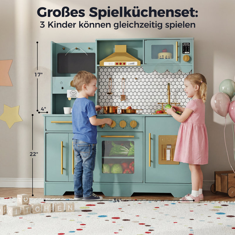 Large Wooden Kids Kitchen Playset 100x86x30cm | Pretend Role Play Kitchen with Realistic Oven, Microwave & Sink with Taps | Indoor/Outdoor Toy Kitchen for Ages 3+