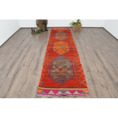 Red Wool Kilim Runner Rug, 33.9x135.8 Inches Geometric Pattern