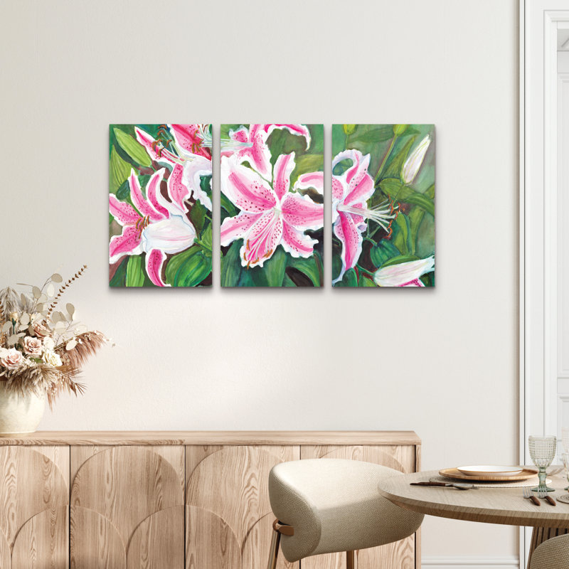 Ensemble de 3 panneaux - Joanne Porter «Fancy Lilies», art mural sur toile pour le salon, la chambre à coucher ou le bureau 