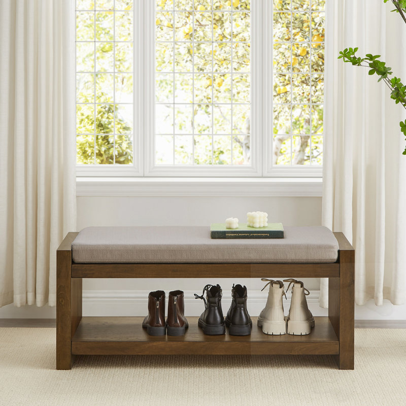 Banc d'appoint avec range-chaussures et coussin amovible, Linen&Walnut, Linen