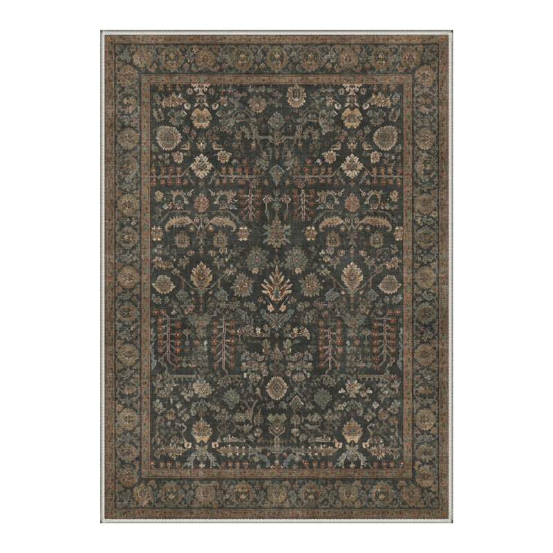Roehit Vintage Distressed Persian Floral Machine Washable Grey / Green Indoor Area Rug with Non-Slip Backing