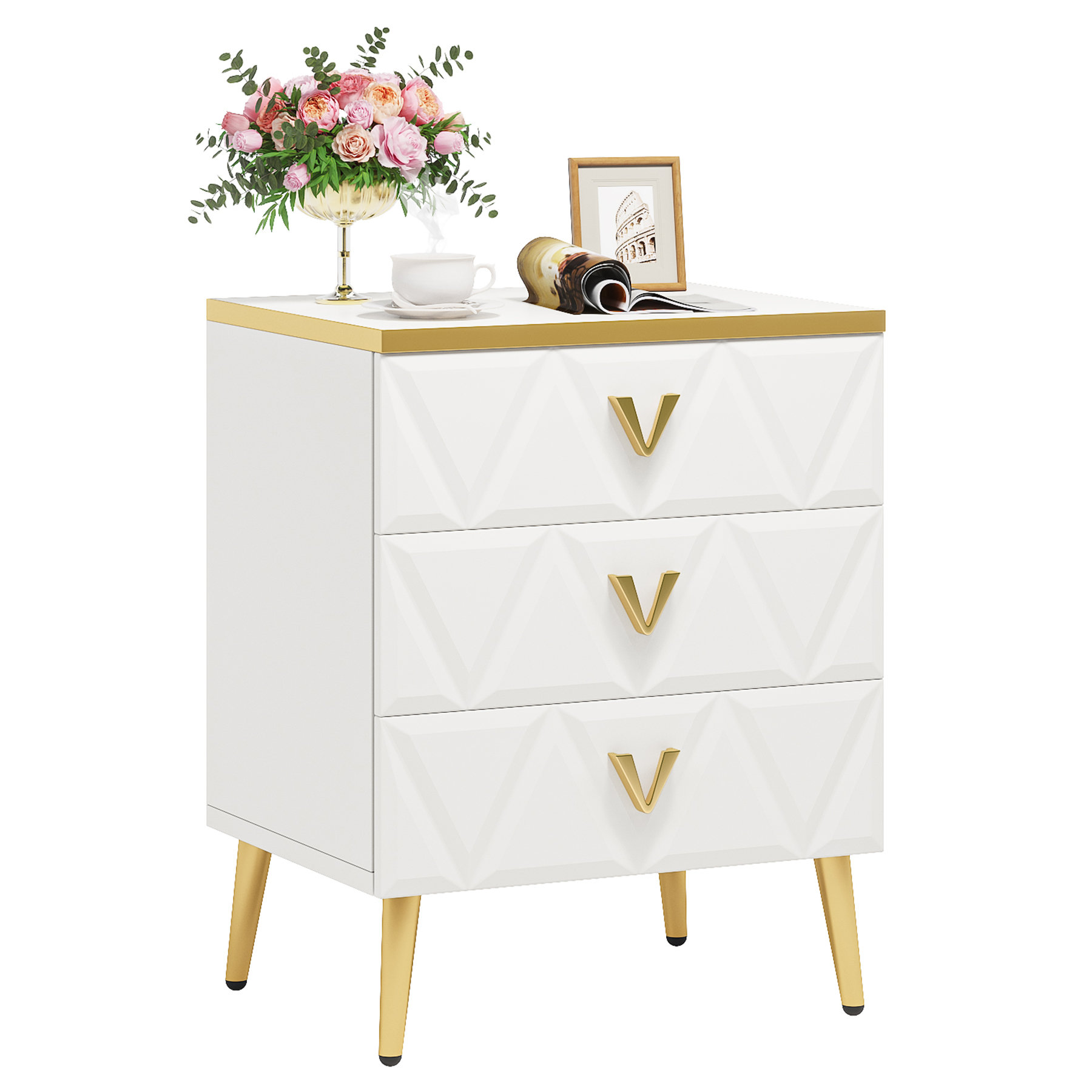 Giluta White Nightstand with 3 Drawers, Modern Night Stand with Gold Solid  Metal Legs & Handles, Wood Bedside Table, Sofa End Side Table for Bedroom