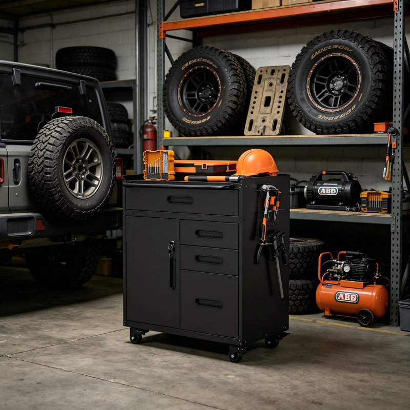 Featuring Steel Body And Movable Wheels, This 34.3-Inch Tool Cart Holds 4 Locked Drawers For Workshop And Household Garage Organizing Use.