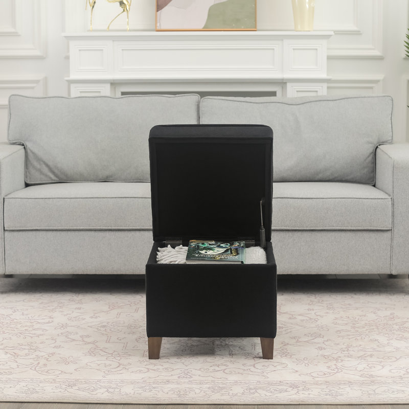 Repose-pieds carré avec rangement 17,5 po, Mélange de lin noir