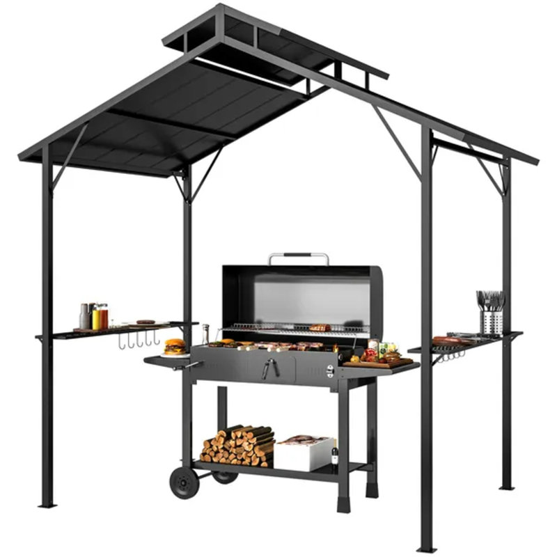 Abri de barbecue 8 po x 5 pi à toit rigide pour barbecue, toit en métal double avec tablettes latérales et crochets pour la cour arrière