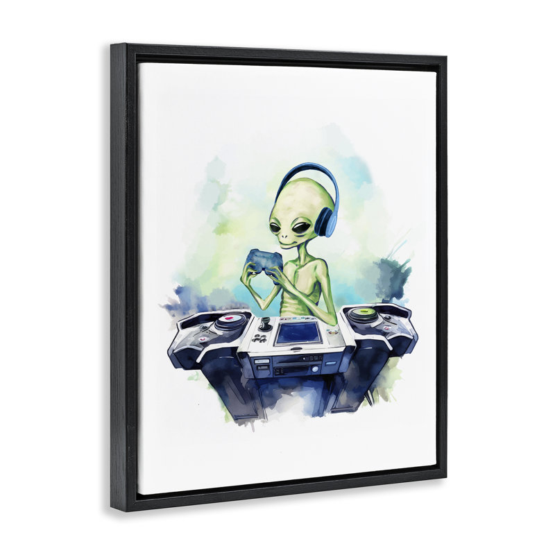 Tech Alien Playing Video Games Floating Frame, design by Lil' Rue, 21" H x 17" W, Jet Black Floater Frame