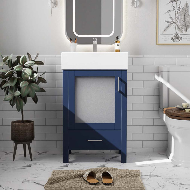 Meuble-lavabo de salle de bain avec lavabo en céramique, porte et tiroir, Bleu