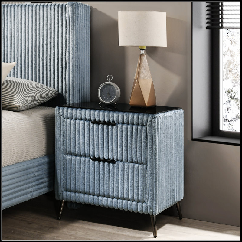 Table de chevet large en velours côtelé avec des tiroirs spacieux, bleu, durable et élégant Mavela