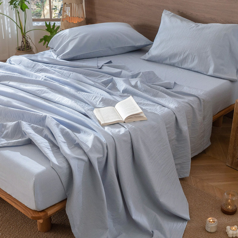 Drap-housse MooMee 100% coton lavé extra profond, Grand lit , Bleu bleuet