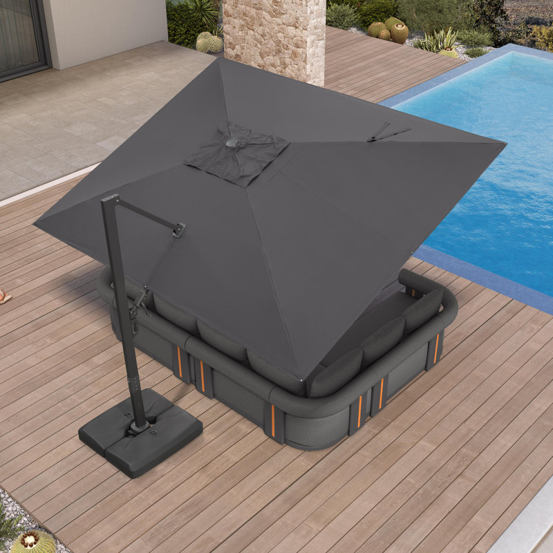 Grand parasol rectangulaire extérieur en porte-à-faux décalé en aluminium 120 po x 156 po avec base et rotation à 360 degrés