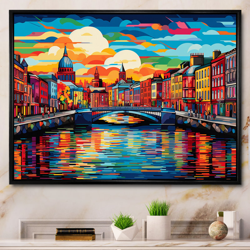 City Dublin Popart IV, reproduction d'art sur toile, Cadre flottant noir, H 12 po x l 20 po x P 1 po