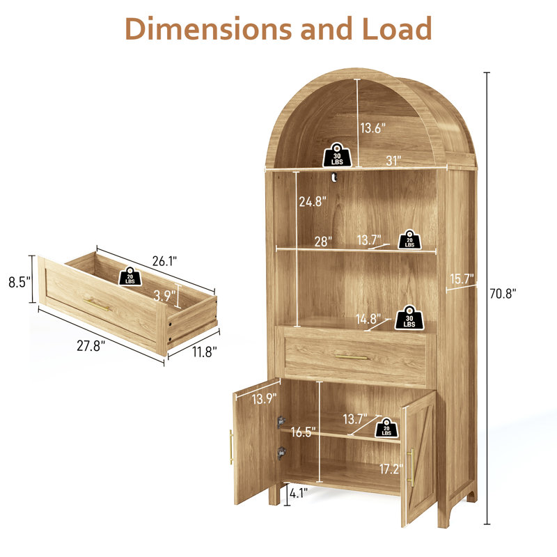 Bibliothèque arquée avec armoire et tiroir, Naturel