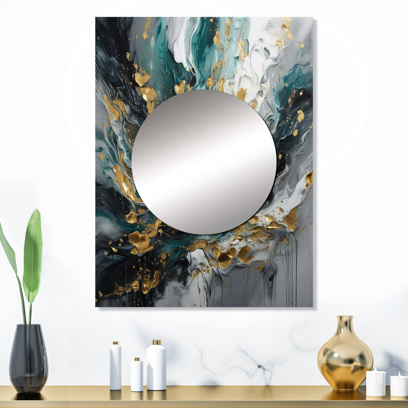 Ezrie or sarcelle encre sur pierre - miroir décoratif abstrait, miroir mural doré, impression d'art en métal, 32 po x 24 po