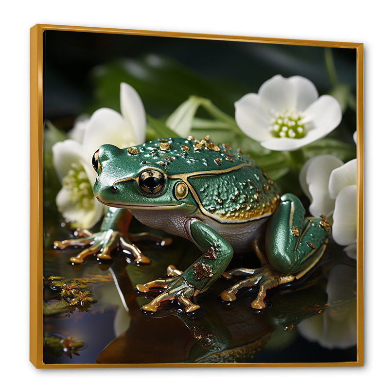 Grenouille verte sur verre, impression sur toile, Cadre flottant doré, H 30 po x l 30 po