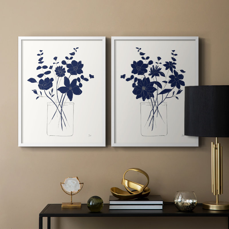 Indigo croquis I - impression encadrée de qualité supérieure - prête à être accrochée - aucun clou requis - aucun clou requis