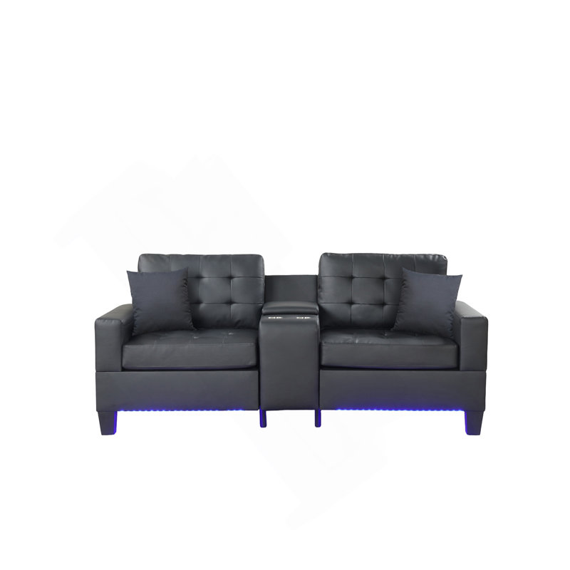 Canapé en tissu PVC noir l 85 po avec lumières DEL, chargeur USB, console de rangement, porte-gobelets, coussins capitonnés