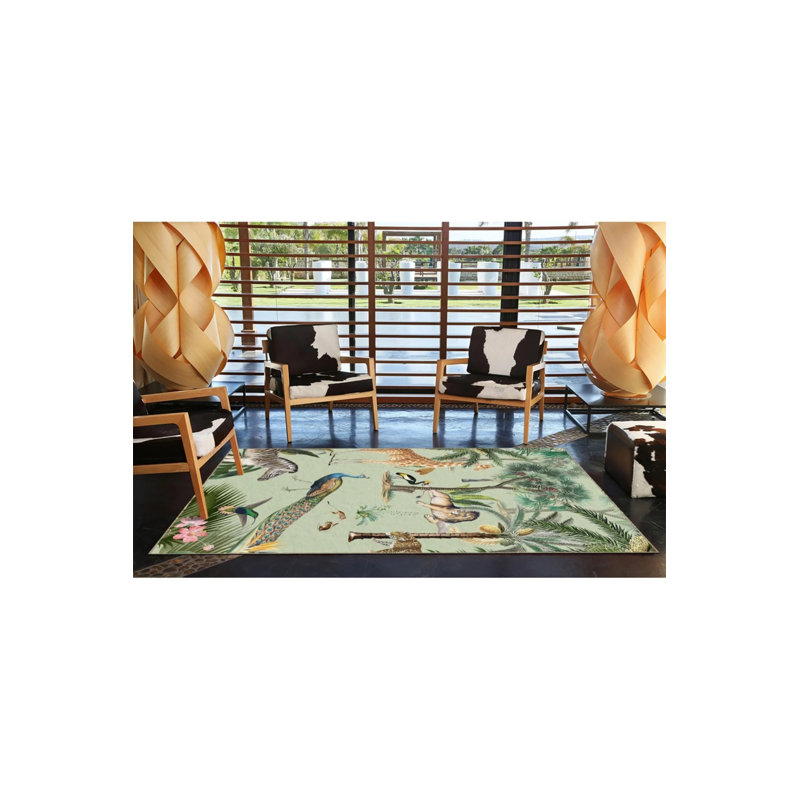 Green Themed Multicolored Giraffe And Lion Patterned Modern Decorative Carpet, Rectangle 3'4" x 6'7"