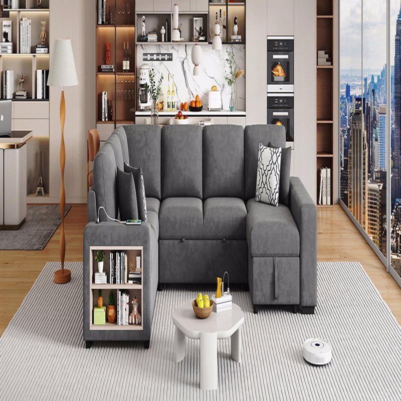 Canapé-lit modulaire en forme de U de 109 po avec deux ports USB, une méridienne de rangement et quatre coussins de dossier pour le salon, gris