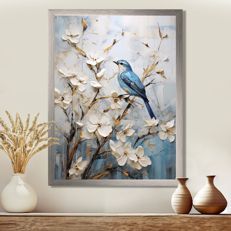 Art mural minimaliste, fleurs et oiseaux du printemps, H 32 po x l 24 po x P 1 po, Cadre simple argenté