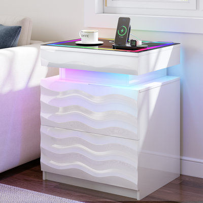 19.7" W Modern LED Nightstand with RGB Sensor Light, 3 Drawers Bedside Table with Glass Top & Charging Station