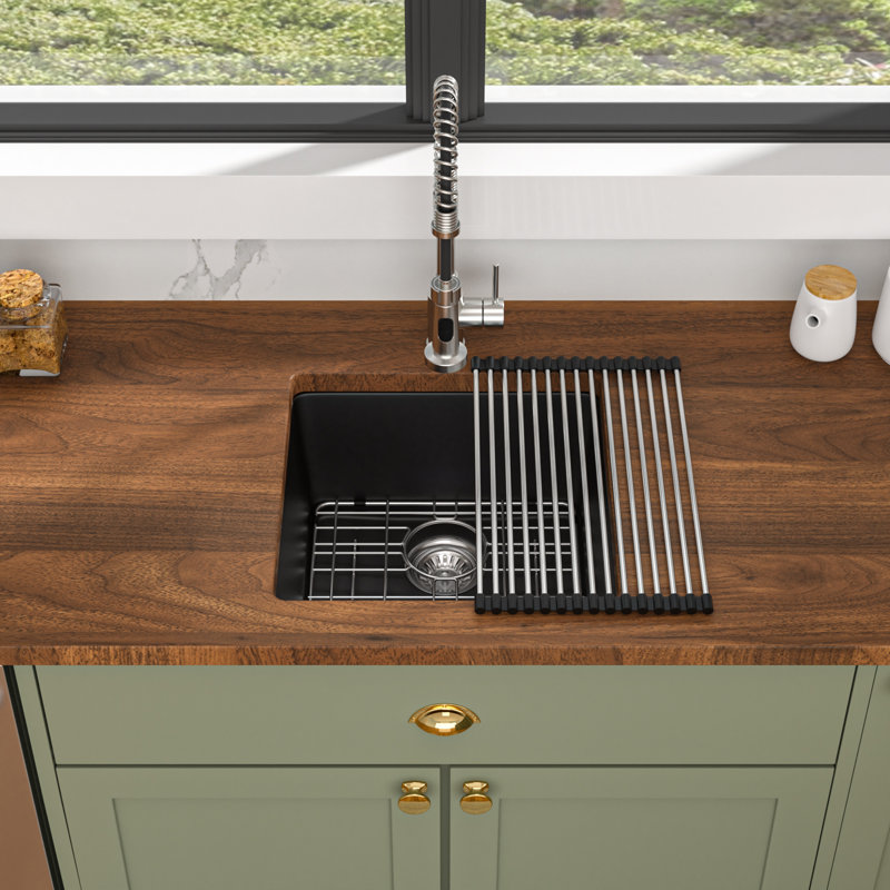 Évier de cuisine encastré à simple cuve de cuisine en quartz avec support enroulable, 17" L x 17" W, Noir/chrome