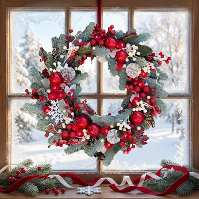 Couronnes de Noël artificielles de 17,7 pouces pour la porte d'entrée, couronne d'hiver avec pommes de pin, boule de Noël, feuilles de houx, aiguilles de pin, baies rouges pour le porche mural extérieur extérieur