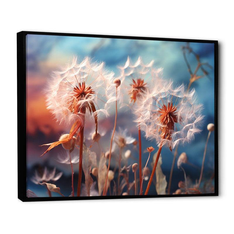 Blue Dandelion Dancing In The Morning III - Floral Wall Art Living Room, H 16 po x l 32 po, Cadre flottant noir
