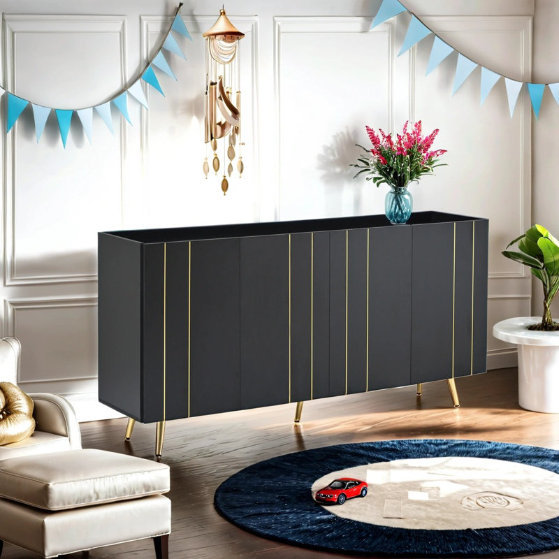 Stylish Storage Cabinet With Gold Lines, Black