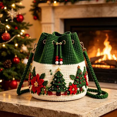 Sac bandoulière seau de Noël en crochet, tissé à la main avec cordon de serrage et appliqués Père Noël, rennes, maison et sapin. Sac à main festif pour femme.