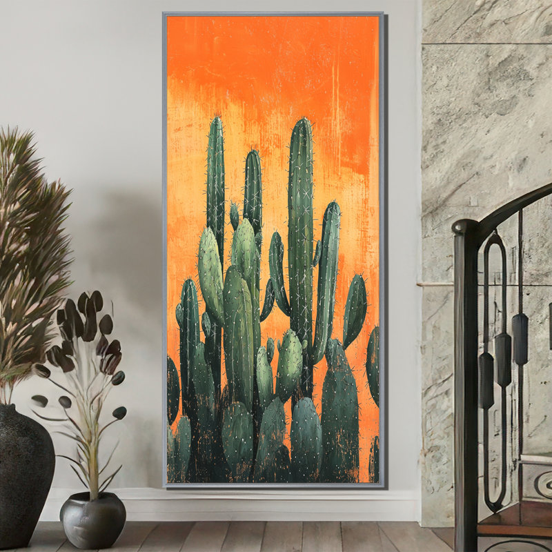 Maricza pastel cactus au lever du soleil II - Cactus, art mural, H 60 po x l 28 po, Impression encadrée sans passe-partout