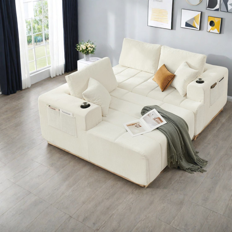 Canapé d'angle à compression de 108 pouces en chenille beige, méridienne gauche, canapé moderne pour la maison, Beige 2