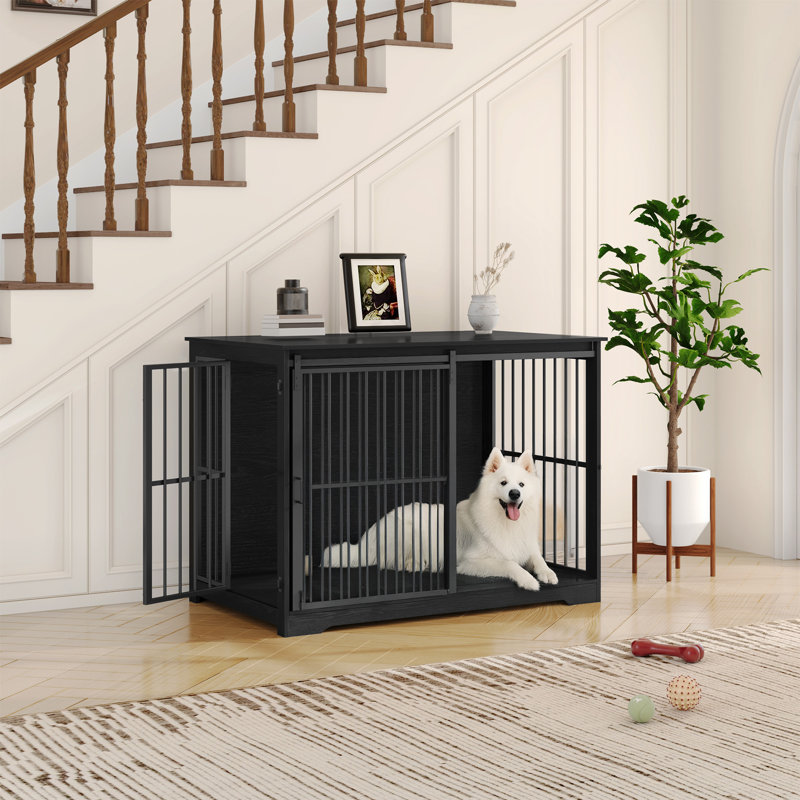 XL Large Dog Crate Furniture, Indoor Dog Kennel Furniture with Barn Door, Wooden Tall Dog Crate, Heavy Duty Dog Cage for Large Dogs, Side End Table, Anti-Chew