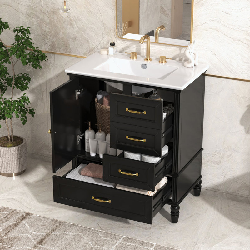 Meuble-lavabo avec lavabo et armoire avec tiroirs, Noir, noir, noir, noir