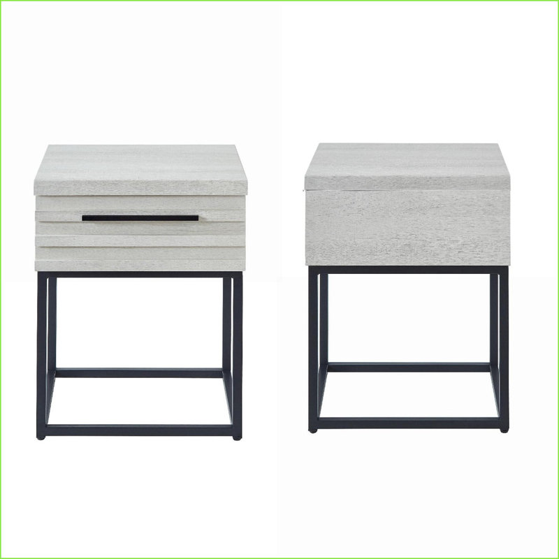 Ensemble de chambre à coucher, lit simple tapissier 2 pièces avec table de chevet, blanc cassé | Tissu, panneau de fibres à densité moyenne, revêtement | Lits standard