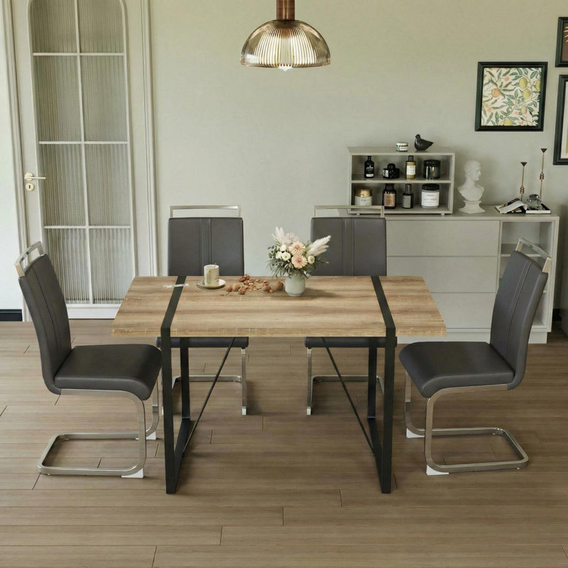 Modern Farmhouse 5-piece Dining Set With Rectangular Table & 4 Pu Leather Chairs, Gray/Silver