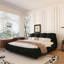 Lit plateforme grand de luxe, tapissier en noir, tête de lit surdimensionnée, convenant à différentes marques de matelas, structure en bois massif, hauteurs multiples