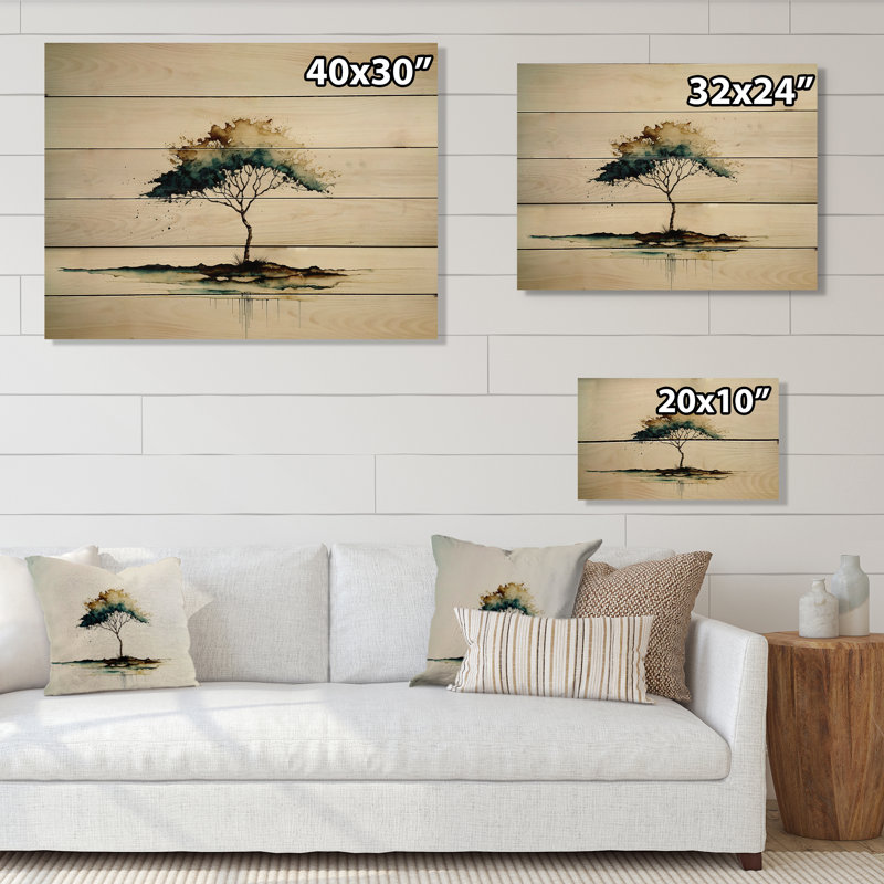 «Lonely Green Watercolor Tree II», arbre à aquarelle vert solitaire II - impression sans cadre sur bois